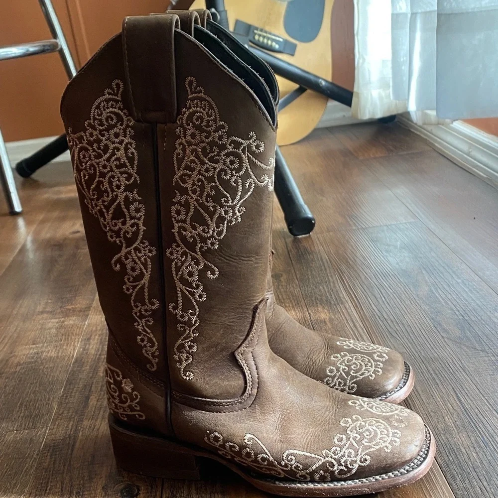 Kids Western Embroidered Boots - Brown real leather